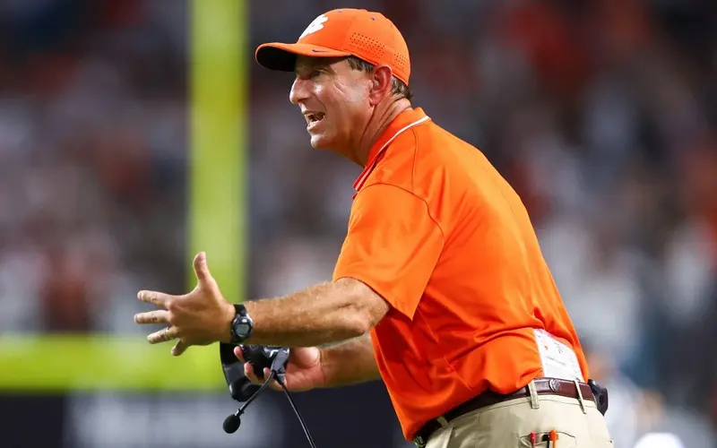 Head coach Dabo Swinney of the Clemson Tigers reacts during the second quarter of the game against the Miami Hurricanes at Hard Rock Stadium on October 21, 2023 in Miami Gardens, Florida.