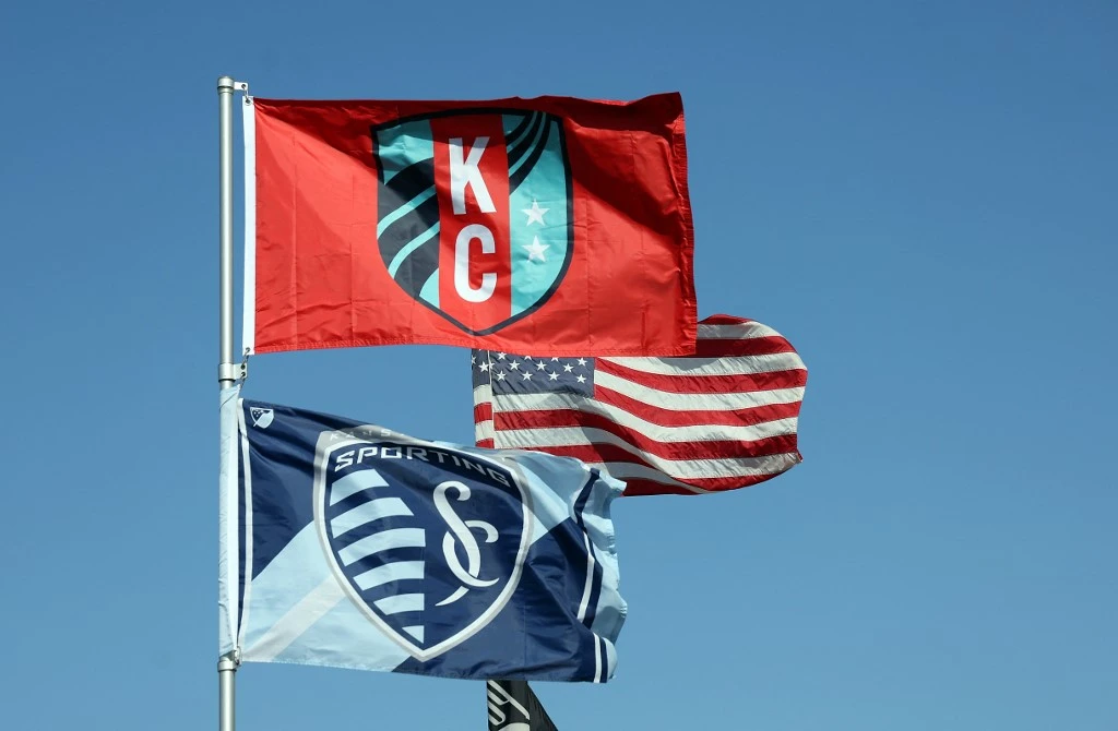A general view of flags on opening day of the first stadium purpose-bult for women's soccer prior to the match between the Portland Thorns FC and the Kansas City Current at CPKC Stadium on March 16, 2024 in Kansas City, Missouri