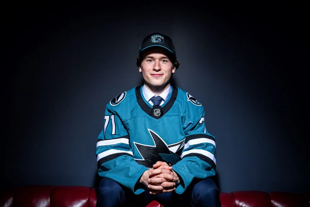 Macklin Celebrini poses for a portrait after being drafted by the San Jose Sharks with the first overall pick during the 2024 Upper Deck NHL Draft at Sphere on June 28, 2024 in Las Vegas, Nevada.