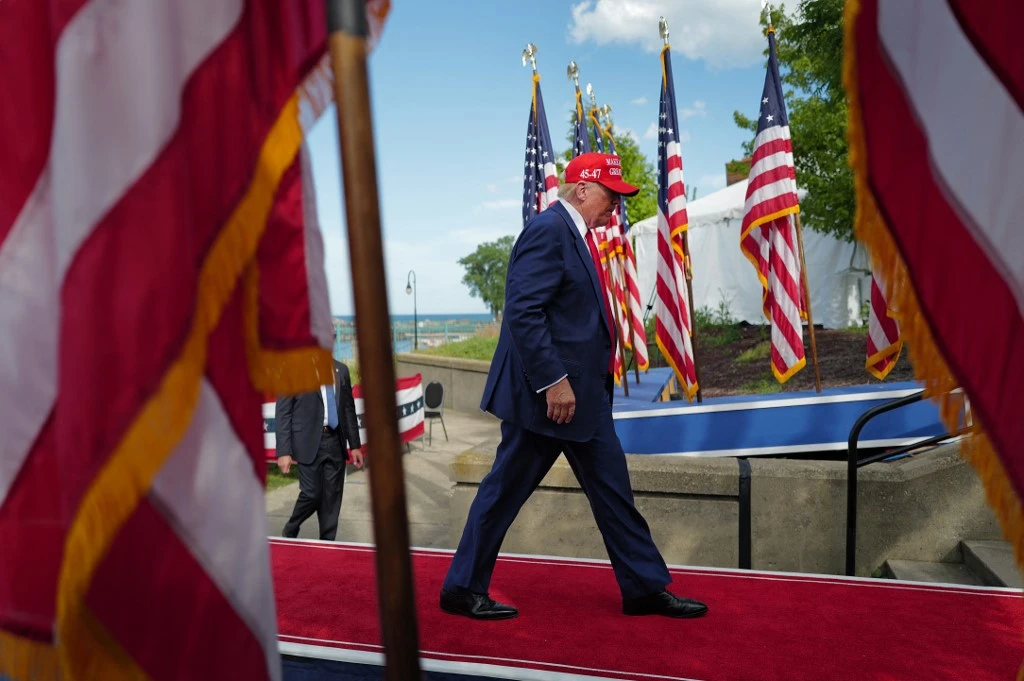 Republican presidential candidate former President Donald Trump leaves a rally at Festival Park on June 18, 2024 in Racine, Wisconsin. This is Trump's third visit to Wisconsin, a key swing state in 2024