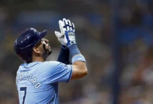 José Caballero #7 of the Tampa Bay Rays reacts after hitting a two run home run during the second inning against the Washington Nationals at Tropicana Field on June 30, 2024 in St Petersburg, Florida.